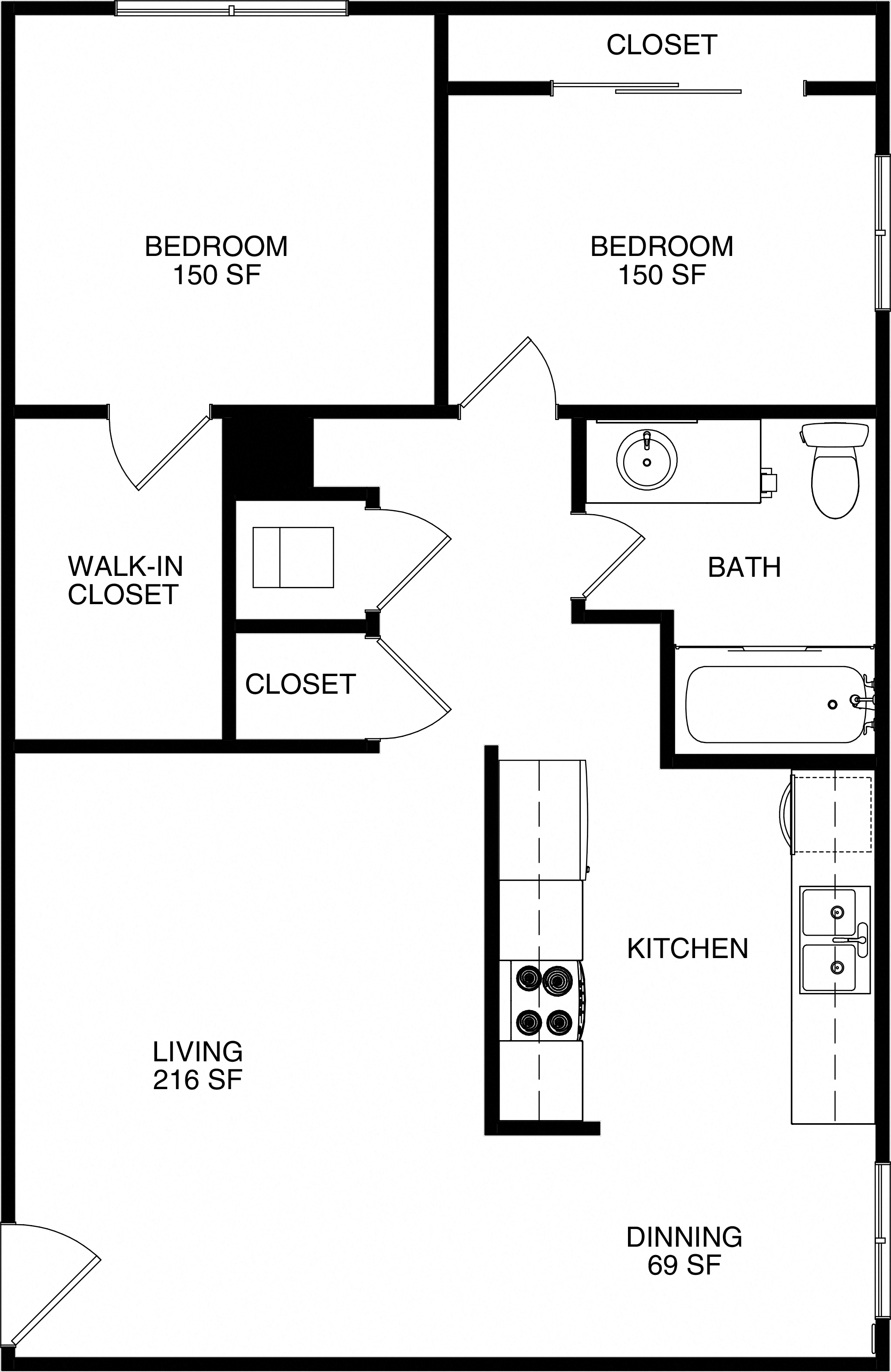 Floor plan for 2 beds, 1 bath, 968 sqft